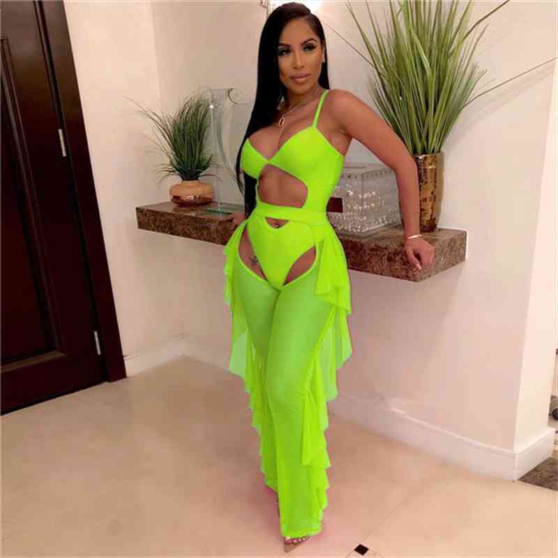 

Sexy Two Piece Set Women Summer Beach Club Outfits Sheer Mesh Bodysuit Top Ruffle Pants Set Swimwear Party Matching 2, Gray