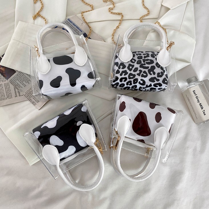 

INS cute girls mini transparent handbags fashion kids cow lepard portable Jelly Bag 2021 summer woman single shoulder crossbody bags F468, White