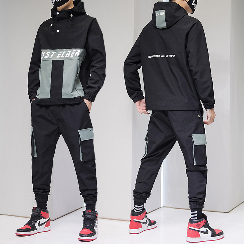 

2021 New Men Streetwear Pullovers with Hood Training 2 Pieces Define Jackets and Cargo Loose Fitness Pants Hip Hop Jacket 9eeo, Beige.