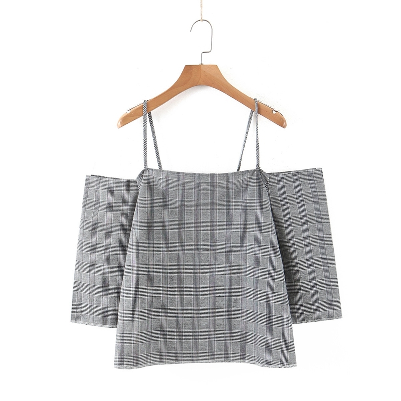 

Summer Casual Plaid Off the shoulder Blouse Long Sleeves Loose Camis Shirt Backless Tops XZ2443 210525, Gray