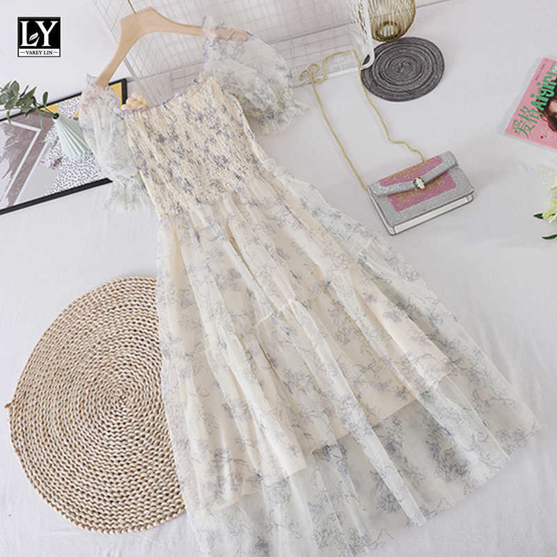 

LY VAREY LIN Summer Women Casual Printing Gauze High Waist Dress Sweet Flora Slash Neck Puff Sleeve Chiffon 210526, Apricot