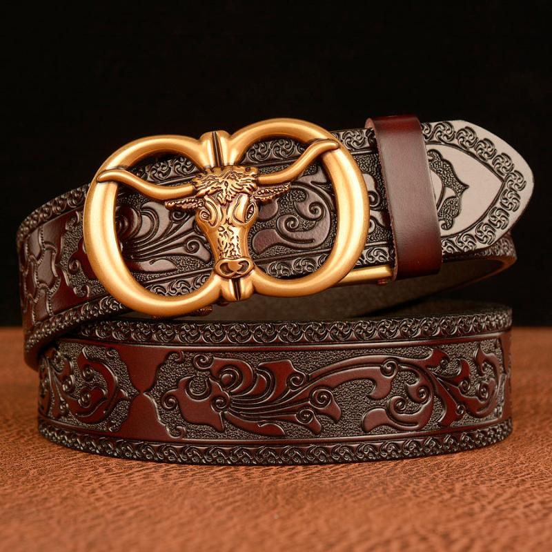 

Belts Bull Head Automatic Buckle Belt Men's Leather Casual Jeans Trend Youth Carved Phoenix Pattern, Black