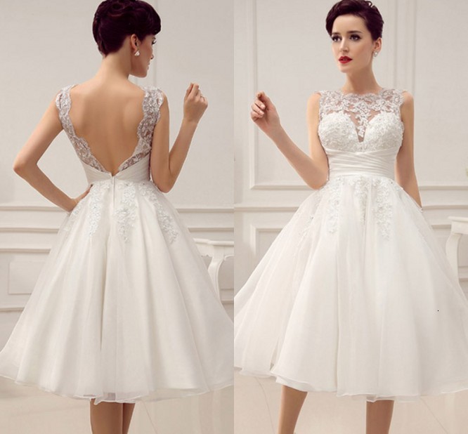 

2021 New Short Es Vintage 1950's Bridal Gown Backless Lace Beading Pleated Sequins Illusion Wedding Reception N0ic, Ivory