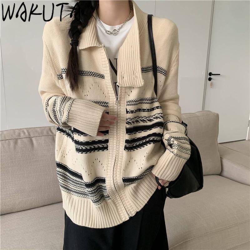 

Women's Knits & Tees WAKUTA Autumn Winter Striped Knitted Tops Women Japanese Fashion Vintage Loose Long Sleeve O Neck Sweaters Cardigans Ca, White