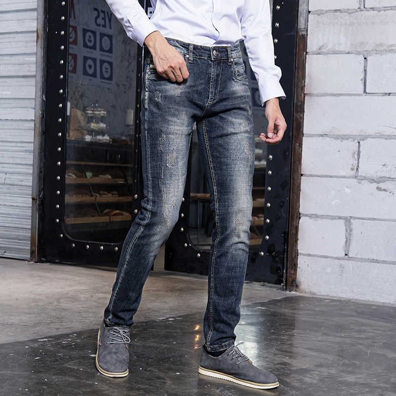 

Italian Style Fashion Men Jeans Retro Blue Slim Fit Casual Ripped Denim Trousers Classical Vintage Designer Cotton Long Pants, Retro dark blue