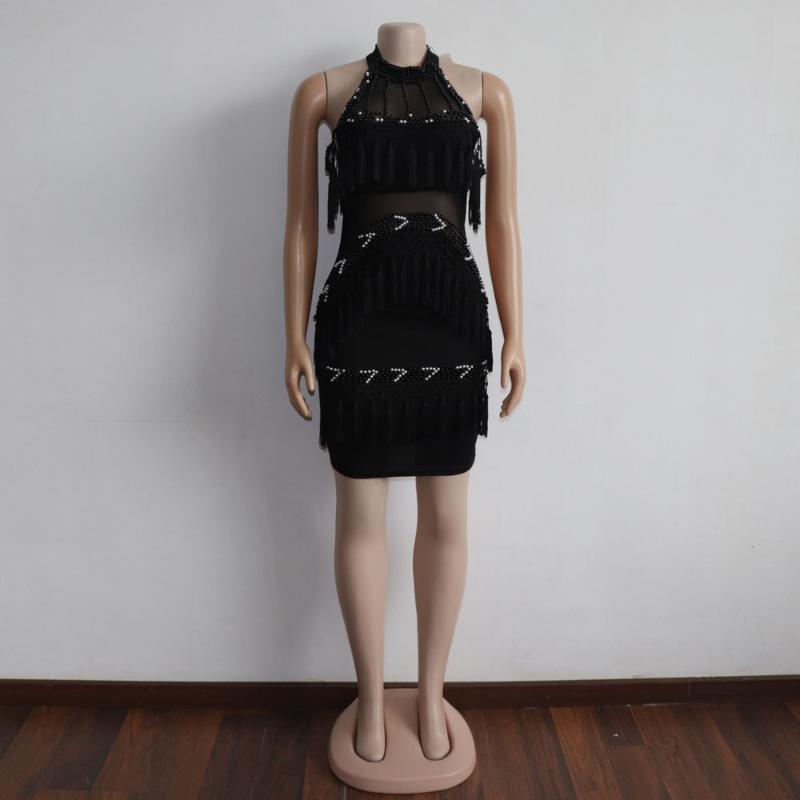

Ethnic Clothing High Quality 2021 African Dresses Sexy Short Type Women Garment Pure Black Tassel Design Pencil Dress Fashionable