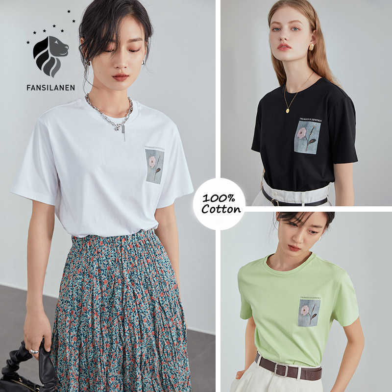 

FANSILANEN 100% Cotton floral print casual t shirt Women short sleeve white summer top tee Female O-neck elegant black t-shirt 210607