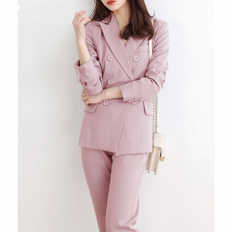 

ZAWFL Autumn Fashion Women Solid Notched Slim Blazer Coat + Fit Long Length Button Pants Office Lady Suit 210603, Picture color