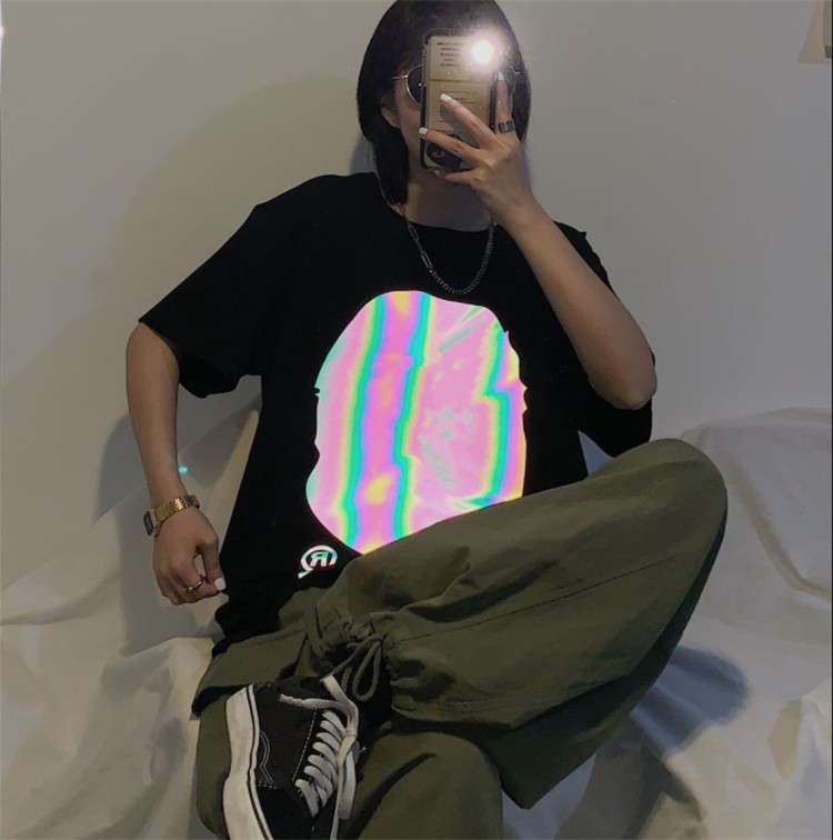 

2021designer European American fashion head reflective men's and women's large T-shirt s-5xl, White;black