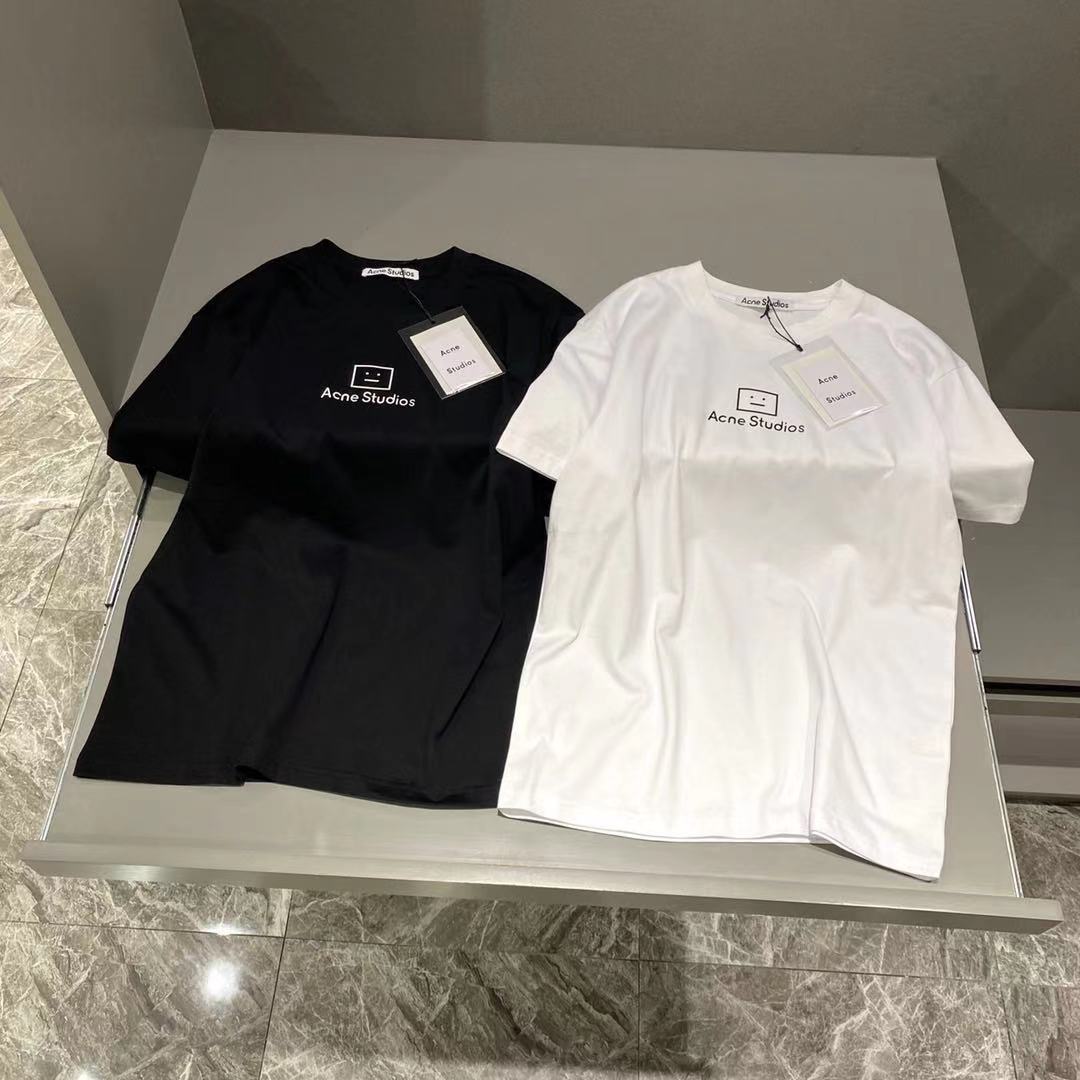 

men and women summer cotton square face acne letter print studois round neck casual short-sleeved bottoming T-shirt, Black