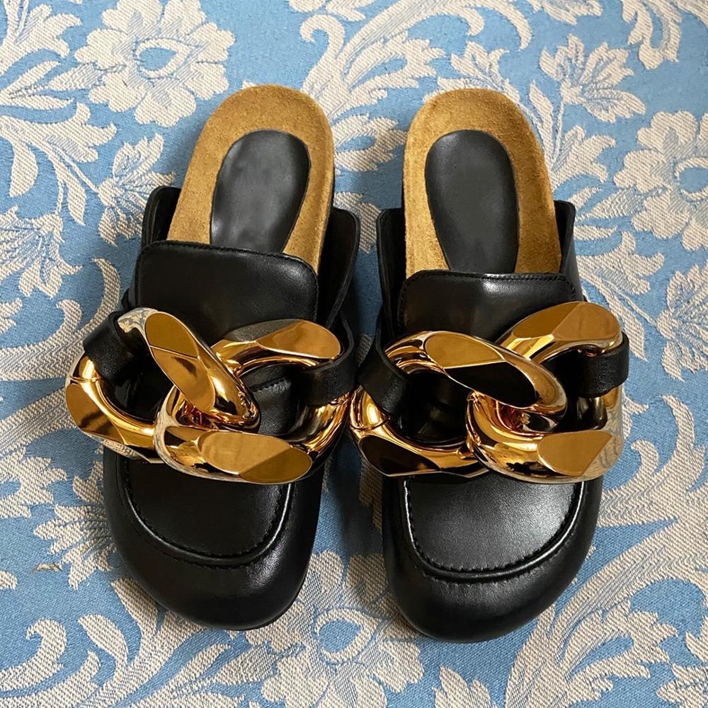 

slippers brand design gold chain women mules round toe soft sole outdoor metal buckle slides flip flops gtda, Black