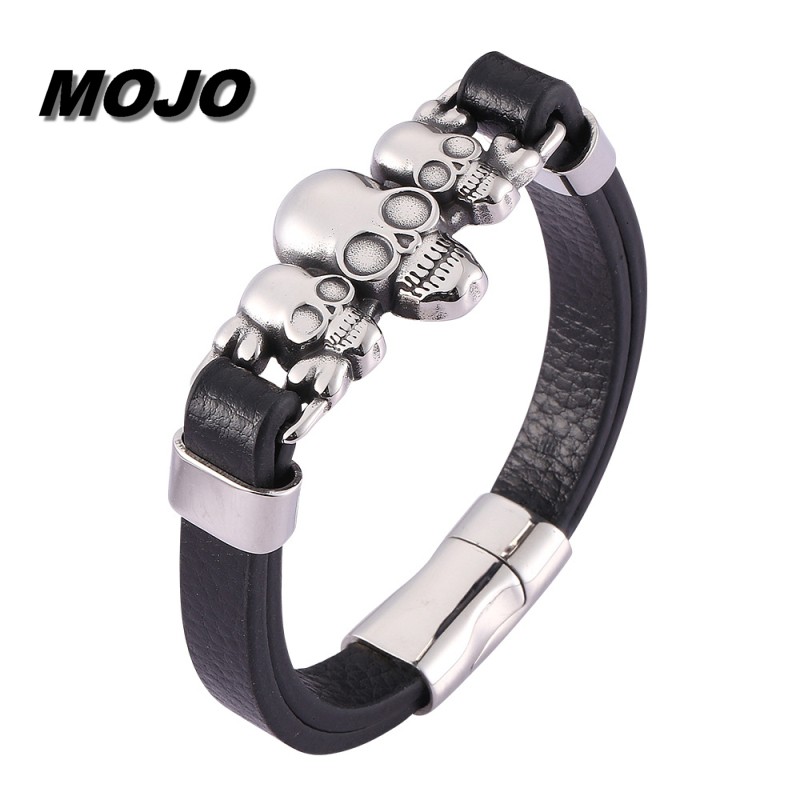 

New Trendy Steampunk Style Stainless Steel Evil Skull Charm Black Leather Bracelet