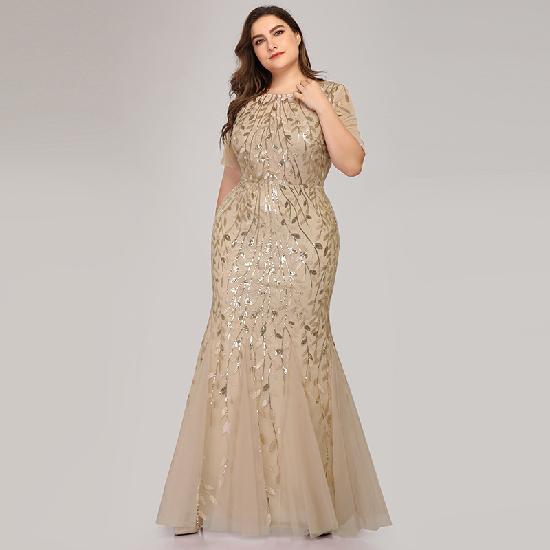

Ever Pretty Dress Plus Size Sequin Mesh Mermaid Slim Evening Dress Beaded Leaves Pattern Formal Dress Women Elegant, Gold