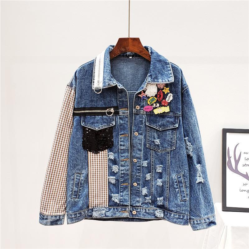 

Women's Jackets 2021 Jean Jacket Sequins Pocket Holes Front Trendy Ladies Street Wear Collar Zipper Plaid Patched Designs Women Denim, As picture