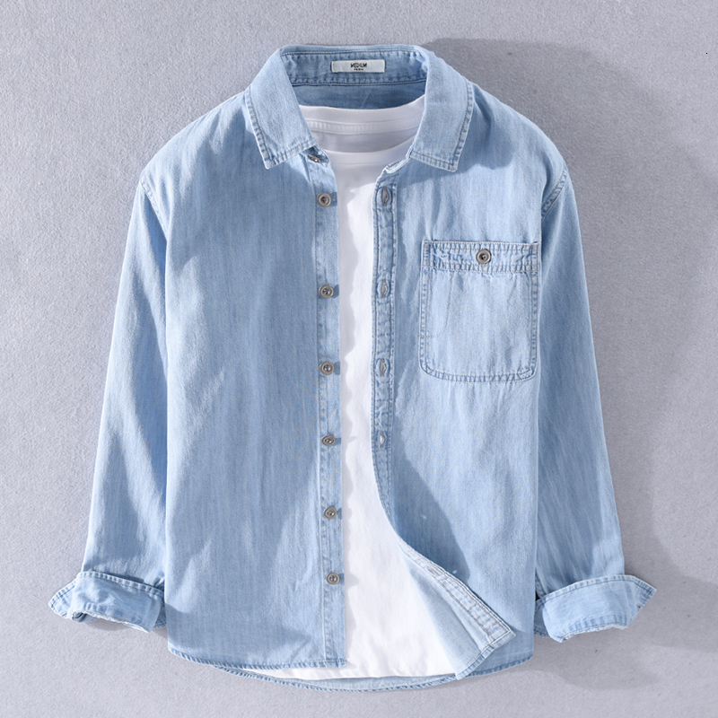 

2021 New 100% Cotton Autumn Spring Blue Denim Brand Casual Shirts for Men Solid Comfortable Shirt Mens Camiseta Overhemd Kmb5