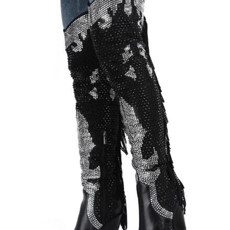 

boots dipsloot deluxe woman fashions black rivets bling on her knee boots pointed at toe chunky heels return shredded long s7nv