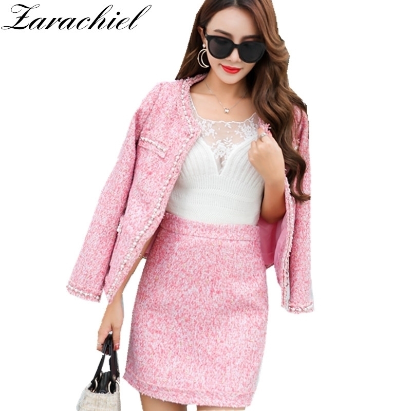 

Zarachiel Winter Women Wool Tweed Thick 2 Piece Set Ladies Pearl Cardigan Fringed Trim Pocket Jacket Coat+Pencil Mini Skirt Suit 201102, Pink