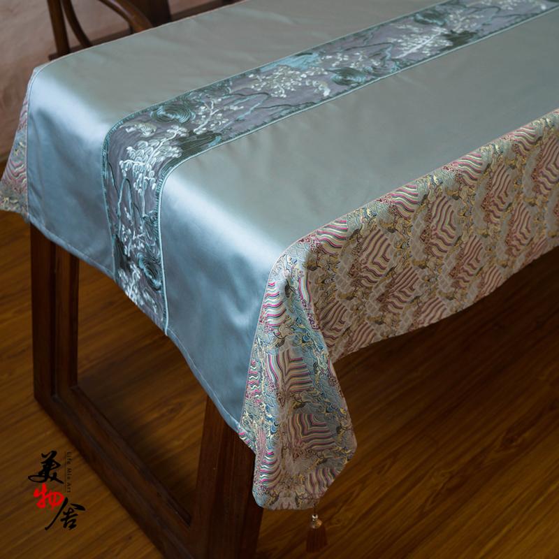 

Table Cloth Blue Landscape Style Embroidery Wedding Room Sofa Home Hotel Bedding Villa Decoration Cushion Dresser Runner Cover, Sky blue