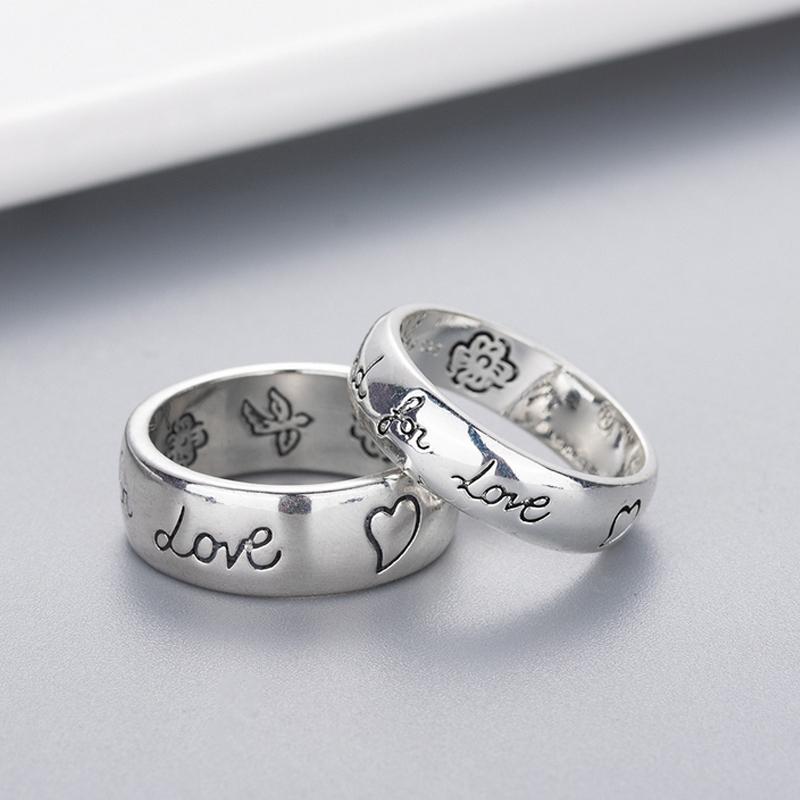 

band ring Women Girl Flower Bird Pattern Ring with Stamp Blind for Love Letter men Ring Gift for Love Couple Jewelry w294, Silver