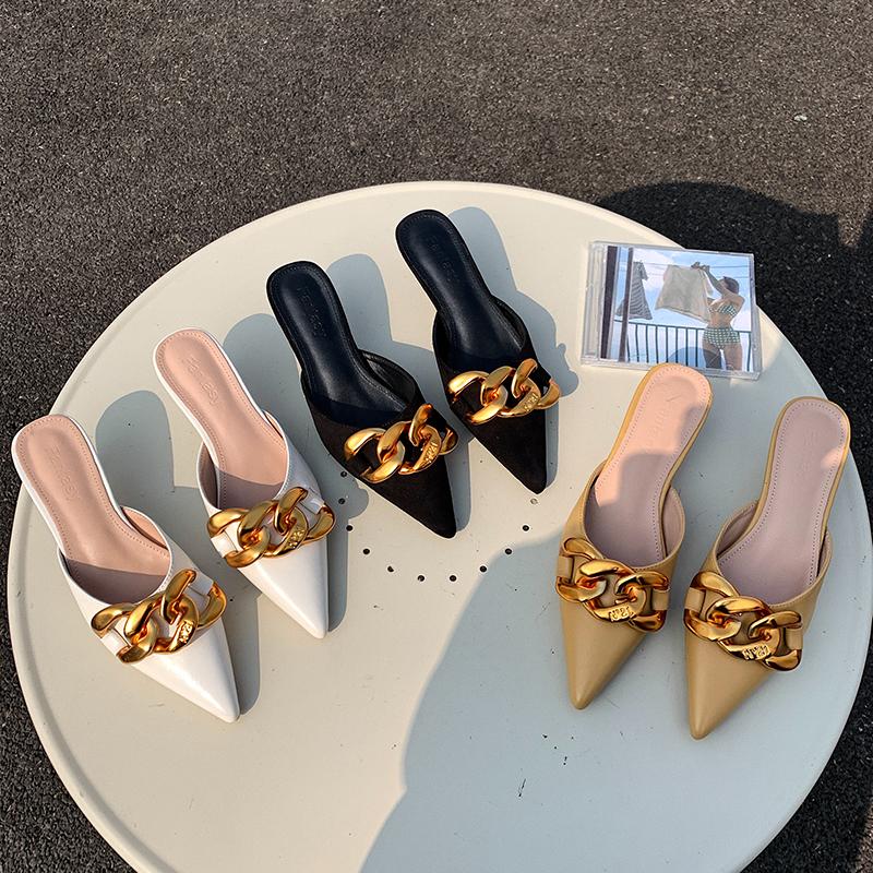 

Slippers Fashion Women Sandals Slides Pointed Toe Metal Chain Design Casual Thin Low Heels Solid Color Party Pumps Shallow Mules Shoes, Black