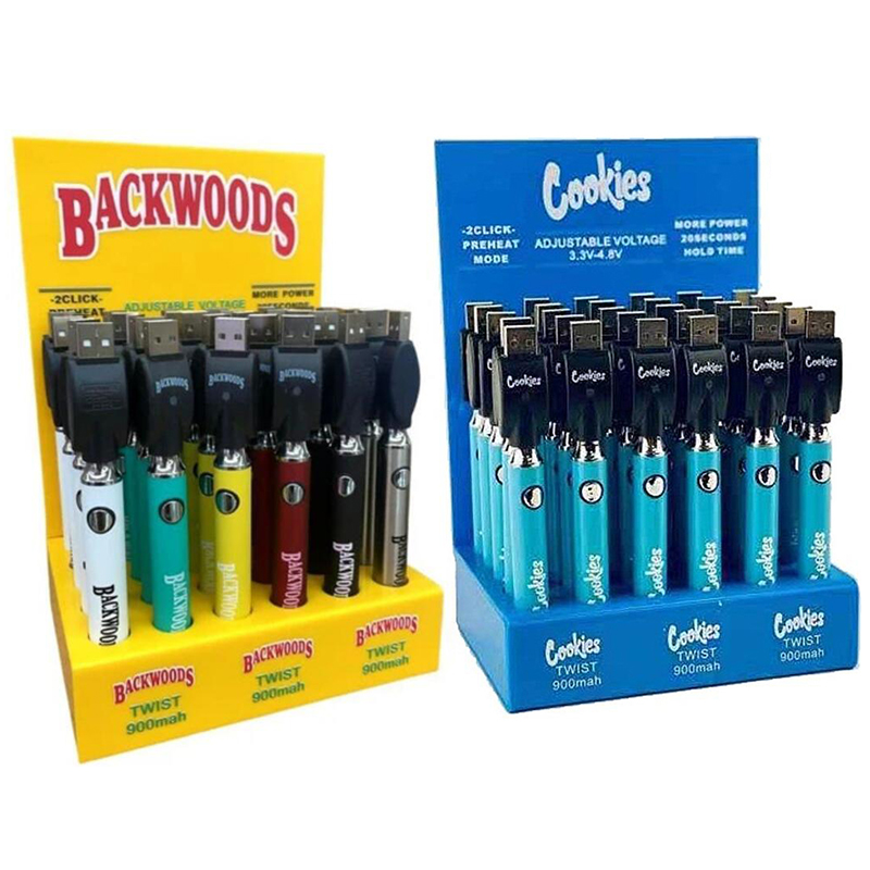 

Cookies Backwoods Twist Battery Display of 30pcs Bottom Spinner VV Battery 900mAh with USB Charger for 510 Cartridges Vape Carts Batteries