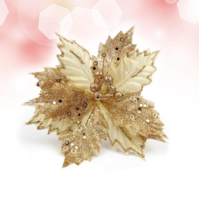 

22cm Fancy Glitter Mesh Artificial Wedding Christmas Flowers XMAS Tree Wreaths Decor Ornament (Red, Golden