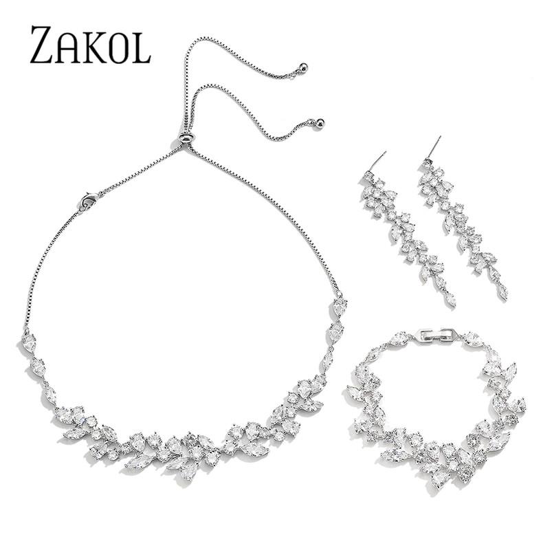 

Earrings & Necklace ZAKOL Luxury Brilliant Cubic Zircon Leaf Adjustable Necklaces Errings And Bracelet Set For Women Fashion Bridal Wedding, Silver