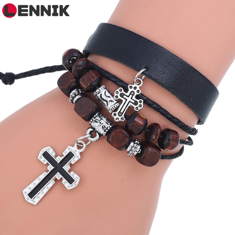 

Charm Bracelets LENNIK Vintage Wood Beaded Cross Leather Bracelet Multi-layer Hand Woven Punk Hip Hop Fashion Jewelry Wristband C138