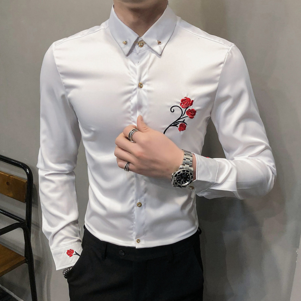 

2021 New Long Sleeve Embroidered Streetwear Work White Shirt Season Solid Color Party Slim Men Wedding Black Elt0