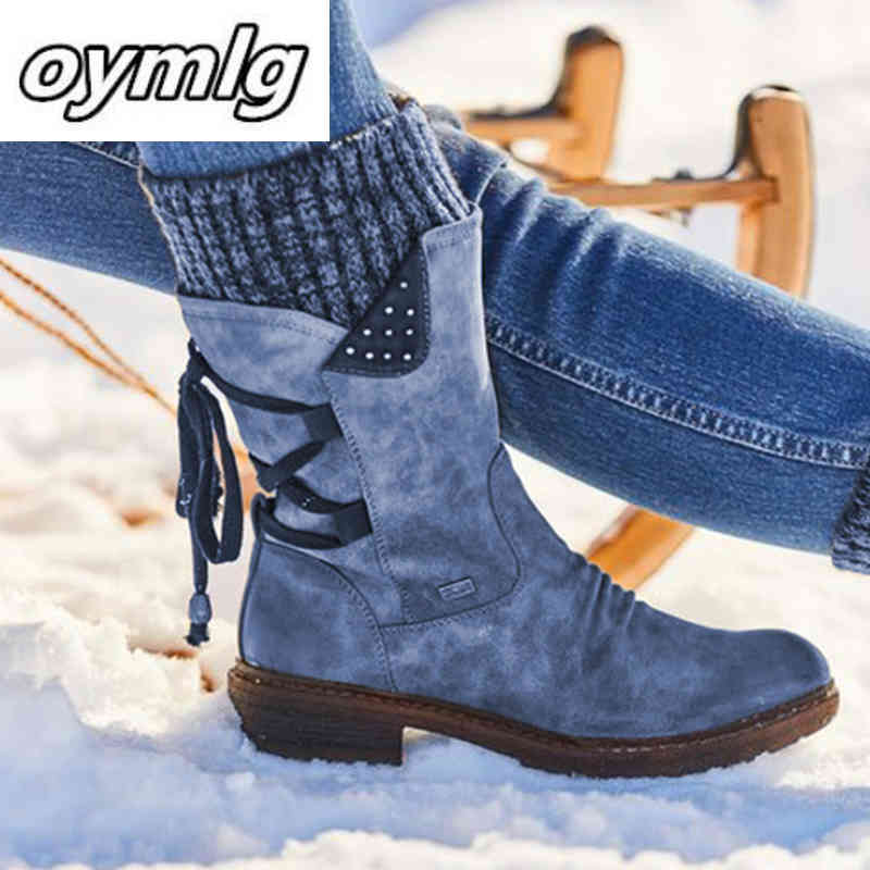 

2020 Women Winter Mid-Calf Boot Flock Winter Shoes Ladies Fashion Snow Boots Shoes Thigh High Suede Warm Botas Zapatos De Mujer K78, Black