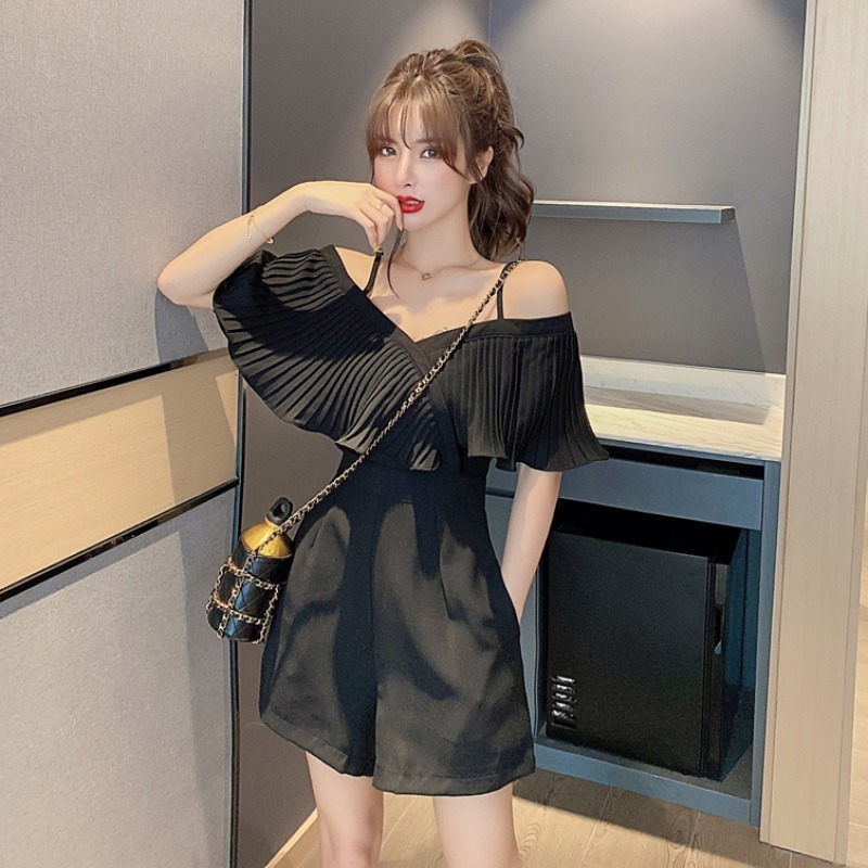 

2021 New Jumpsuit women summer word shoulder casual high waist wide leg pants thin shorts YDBO, Black