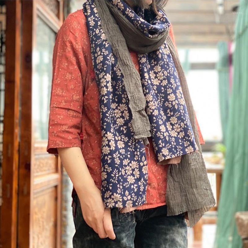 

Scarves Johnature Women 2021 Winter Patchwork Flower Vintage Wraps Loose Poncho Feminine Cotton Linen, Blue;gray