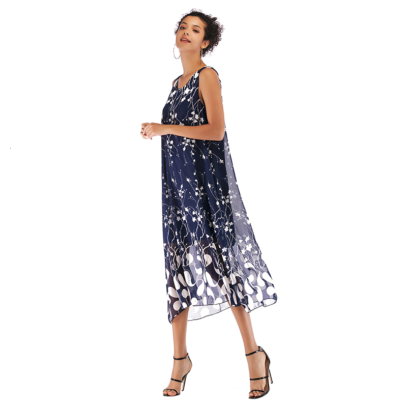 

2021 New Boho Floral Printed Chiffon Tank Women O-neck Sleeveless Midi Es Summer Female Casual Beach Xklr, Color 3