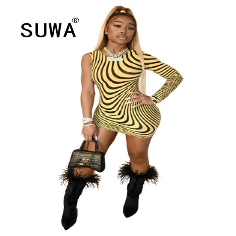 

Female Dress Colorful Striped Printed One Shoulder Long Sleeve Women Clothing Dinner es For Costume 210525, Black