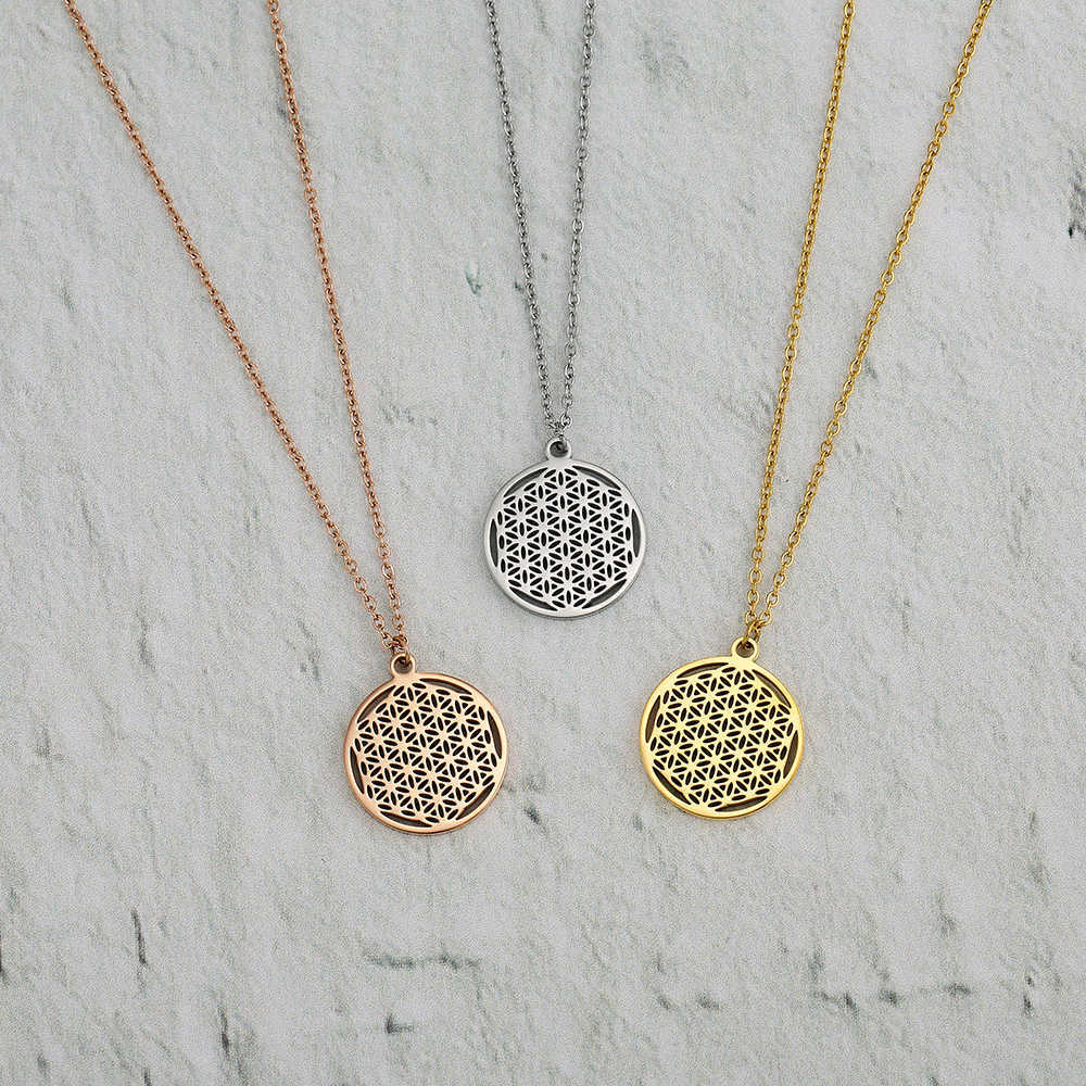 

Wholesale Flower of Life Pendant Necklace 2cm Round StainlSteel Chain as Valentine's Day Gift X0707