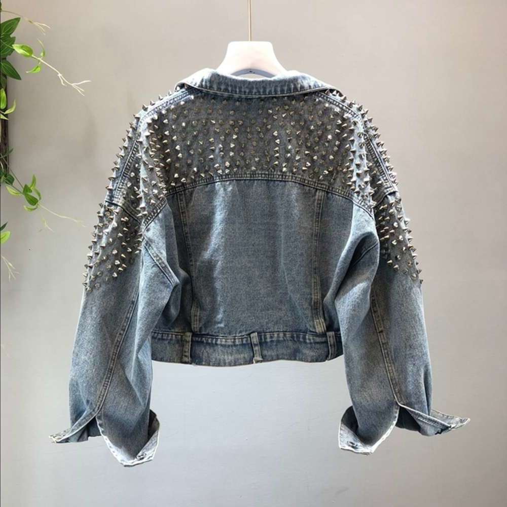 

2021Women's Coats with Rivet Denim Tops European Autumn Female Nail Short Wash Jeans Girl Fashion fat bomber jacket cheap winter women long, Black;brown