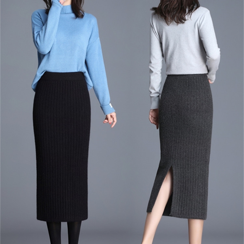 

Autumn Winter Women Long Skirt Elastic Waist Warm Knitted Straight Slim Elegant Black Pencil Skirts faldas jupe femme 210608, Photo color