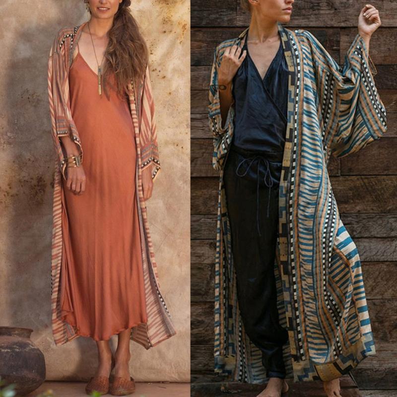

Women's Swimwear 2021 Women Bohemian Long Sleeve Kimono Cardigan Geometric Pattern Belted Top Blouse, Blue