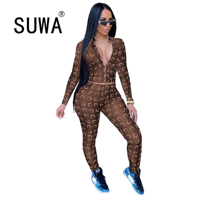 

INS Recommend Jennie Style Moon Printed Womens Two Piece Outfits Zipper Long Sleeve Crop Top Tunic Skinny Pants Trousers 210525, Blue