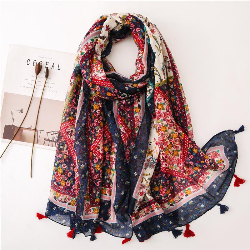 

Scarves 2021 Est Cotton Women Floral Printed Scarf Shawls Hijabs With Tassels Fashion Beach Long Large Size Muslim Wraps 1PC, Blue;gray