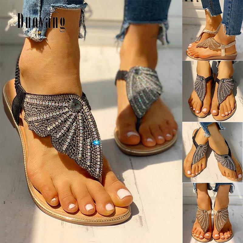 

Sandals Women Flat Crystal Butterfly Shoes Clip Toe Elastic Band Summer Ladies 2021, Golden
