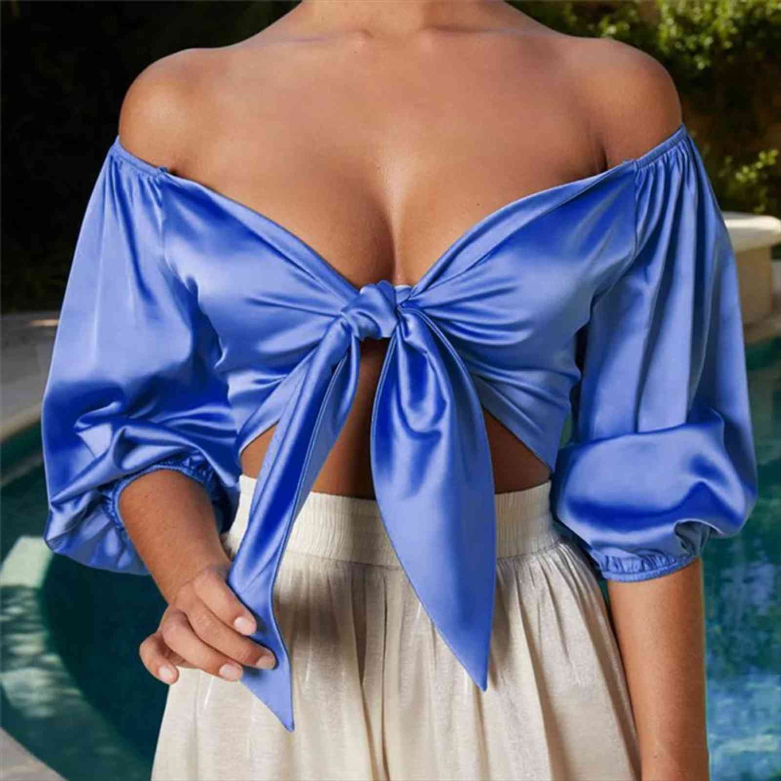 

satin slik women camis crop bow v neck sleeveless half sleeve cropped backless feminino tank w3, White