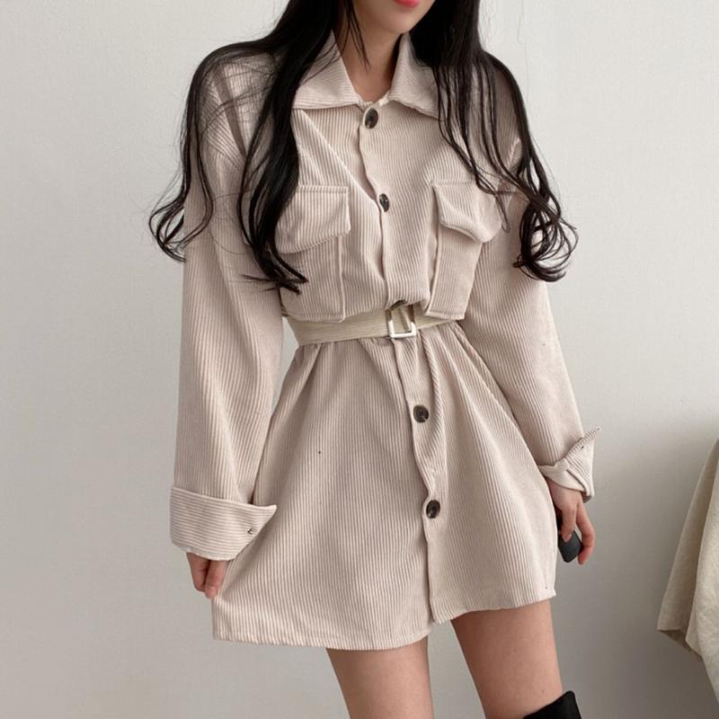 

Casual Dresses Autumn Solid Long Sleeve Lapel Single-breasted Corduroy Shirt Dress Women Mini Belt Waist Vestidos Mujer Loose Vintage, Black;gray