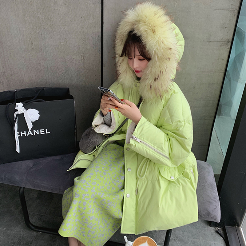 

2021 New Winter Women Hooded Natural Fur Collar Long Coat 90% White Duck Down Parkas Streetwear Warm Snow Green Outwear, Black