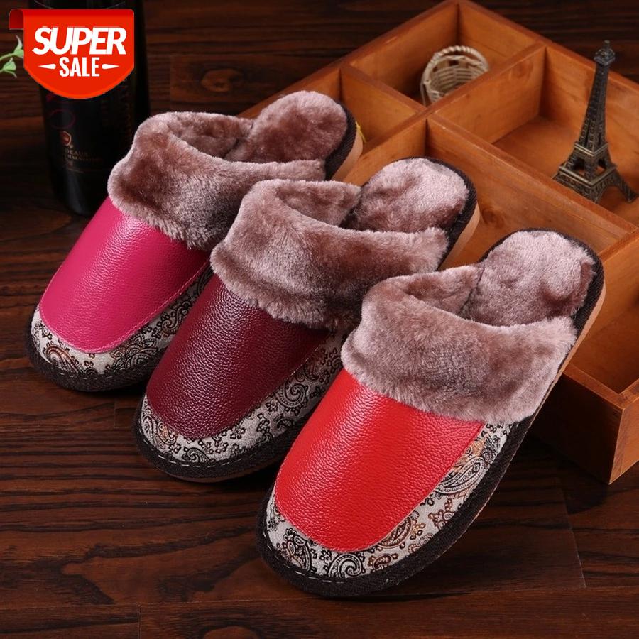 

LCIZRONG Women Luxury Genuine Leather Home Slippers Winter Plush Warm Unisex Cow Leather Indoor Slippers Women Men House Shoes #tu83, Black