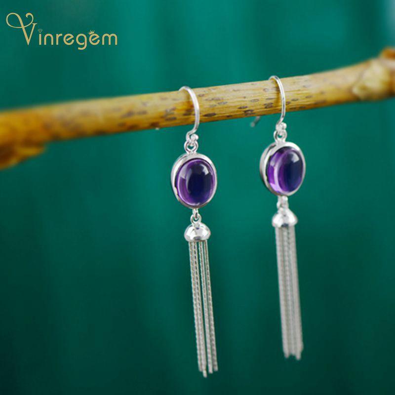 

Dangle & Chandelier Vinregem Vintage 925 Sterling Silver Oval Amethyst Gemstone Wedding Party Tassel Drop Earrings For Women Fine Jewelry Wh