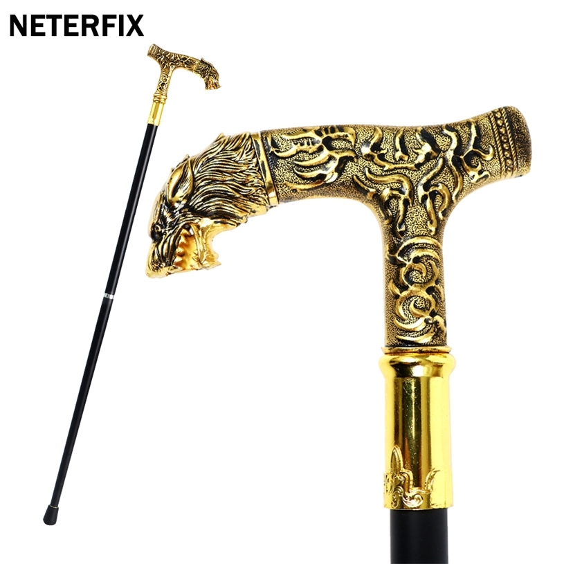 

Gold Wolf Head Crutches Walking Stick Cane Fashion Party Elegant Hand Crutch 2 Piece To Assmble Self-defense Camping 220104