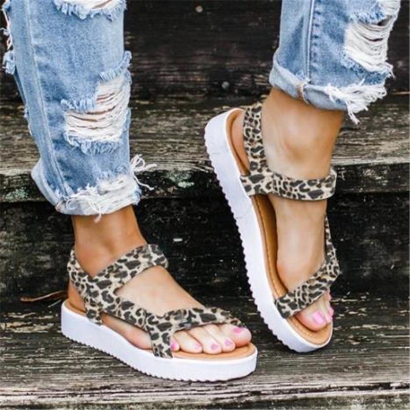 

Women Sandals Summer Shoes Woman PU Leather Peep-toe Wedge Comfortable Flat Sandals Slip-on Flat 2021, Leopard