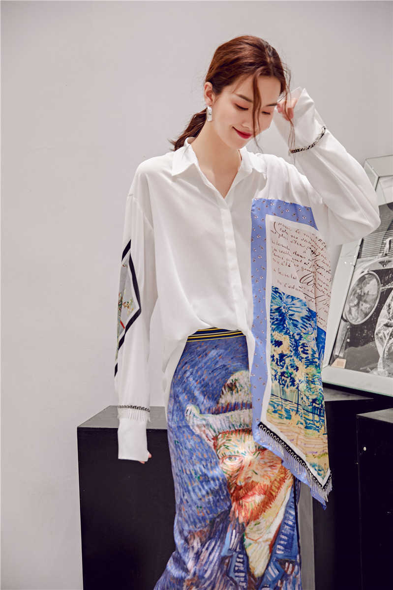 

White Shirt Women's Autumn Splicing Printing Asymmetric Long Spring Top Women Blouses Plus Size Tops 210615