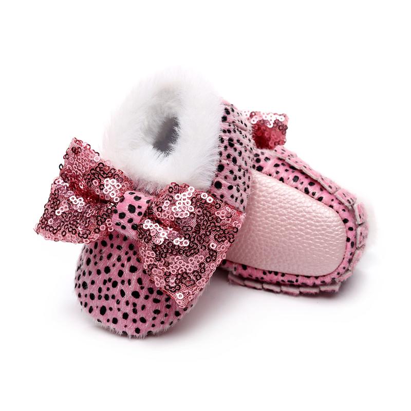 

First Walkers Winter Warm Baby Girls Shoes Bowknot Sequins Infants Children Soft-soled Toddle Princess Plush